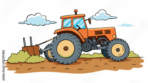A dusty old tractor chugging through a plowed field its huge tires kicking up clouds of earth and its powerful motor working tirelessly to pull heavy. Cartoon Vector.