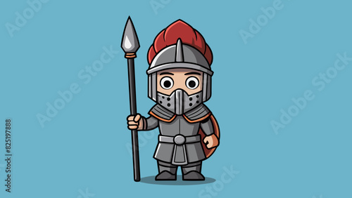 A dull dark grey statue of a soldier holding a spear and wearing a large helmet. The statue is made of a lead alloy and has intricate details on the. Cartoon Vector.