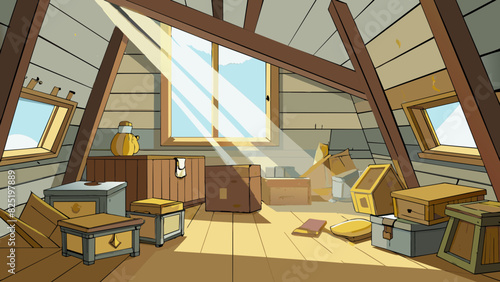 A dusty attic filled with forgotten treasures and memories. The wooden beams and floorboards creak with each step adding to the nostalgic atmosphere.. Cartoon Vector.