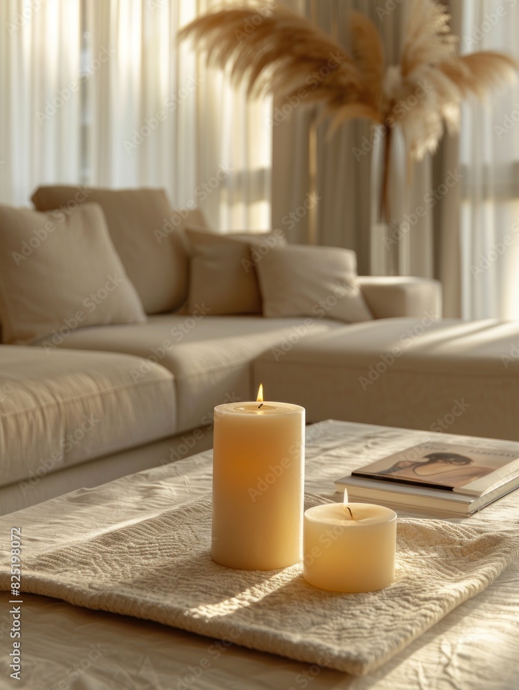 A serene and cozy living room setting, featuring two lit candles placed on a soft, textured fabric on a coffee table - AI Generated Digital Art A serene and cozy living room setting, featuring two lit candles placed on a soft, textured fabric on a coffee table - AI Generated Digital Art