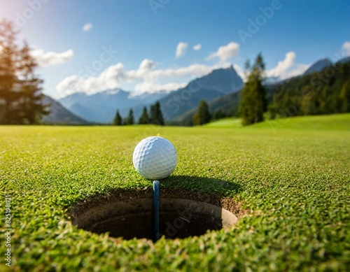 Golfball liegt am Loch auf dem Golfplatz  photo