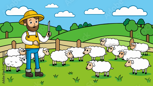 A farmer standing in his field counting all the sheep grazing and resting on the grass.. Cartoon Vector.