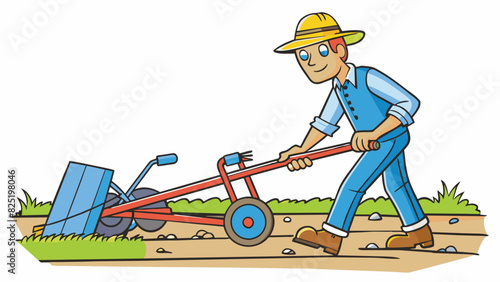 A farmer using a manual plow to till a field their muscles straining against the weight as the blades through the soil.. Cartoon Vector.