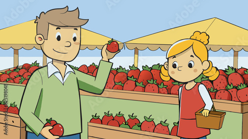 A father and daughter browsing through a variety of fresh fruits at a farmers market carefully selecting plump and ripe strawberries.. Cartoon Vector.