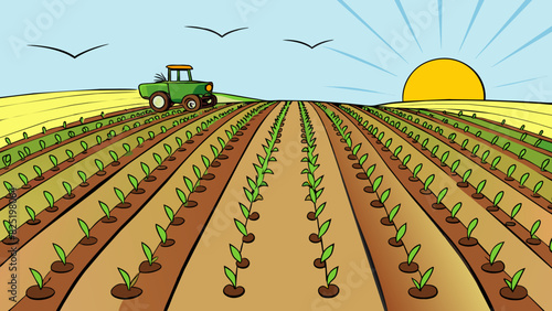 A field of freshly planted crops neat rows of small sprouts reaching towards the sun. The soil is rich and dark freshly tilled with the promise of a. Cartoon Vector.