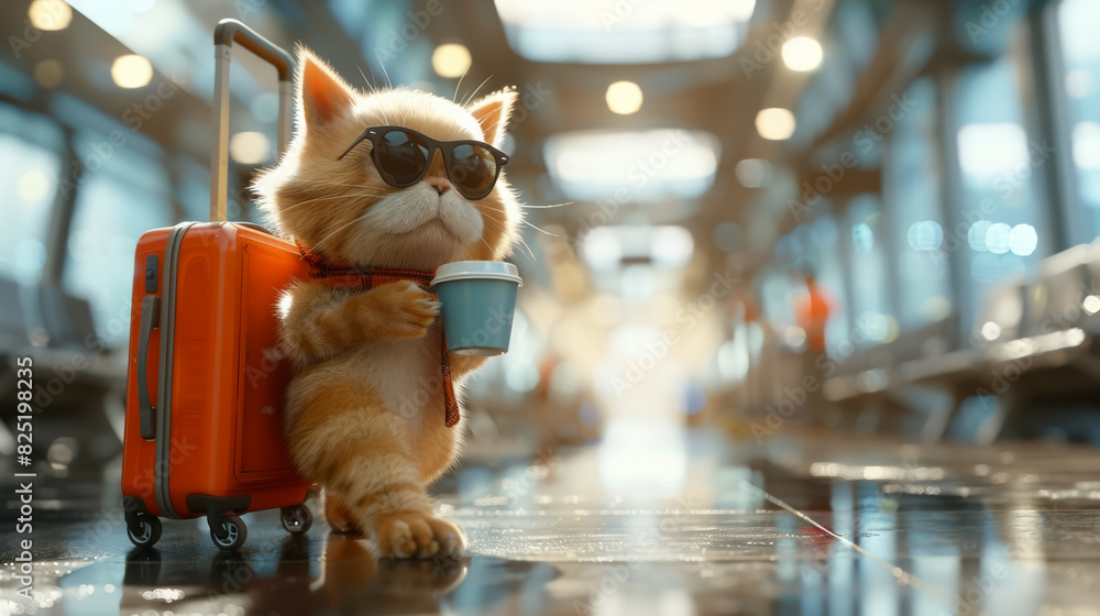 Funny cat traveler with travel bag and coffee cup in airport terminal, travel vacation summer holiday concept Funny cat traveler with travel bag and coffee cup in airport terminal, travel vacation summer holiday concept