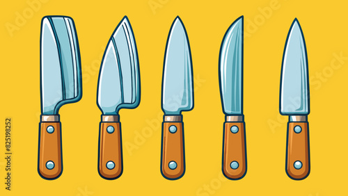 A fivepiece set of kitchen knives with varying sizes and blade styles is a fundamental basis for ting slicing and dicing food in meal preparation.. Cartoon Vector.