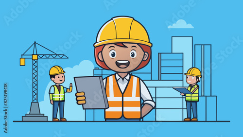 A fourth illustration shows a person in a construction site wearing a hard hat and safety vest. They are examining a blueprint and discussing it with. Cartoon Vector.