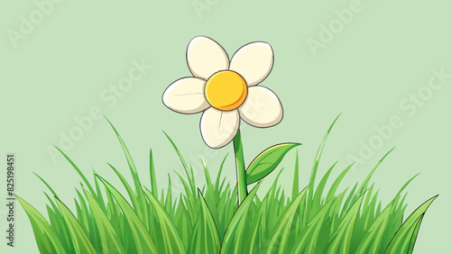 A fragrant flower with delicate petals and a bright yellow center. It grows in a patch of lush green grass and sways gently in the breeze.. Cartoon Vector.