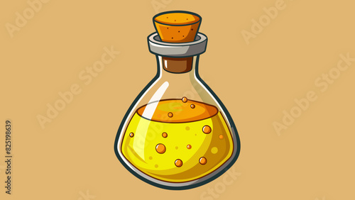 A glass bottle filled with a golden liquid sealed with a cork. The object is heavy and emits a pleasing aroma of ripe fruits.. Cartoon Vector.