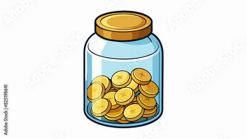 A glass jar filled with coins This instance is a transparent container with a cylindrical shape. It is filled with metal discs of various sizes and. Cartoon Vector.