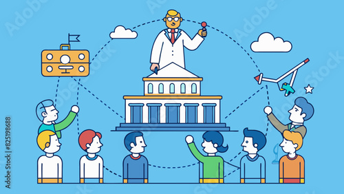 A government is like a coach guiding and directing its citizens towards common goals and providing support and resources to help them achieve success.. Cartoon Vector.