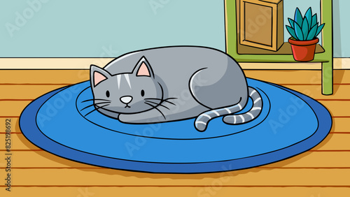 A grey cat is curled up on a plush blue pillow in the middle of the living room rug its tail d over the side.. Cartoon Vector.