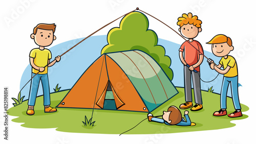 A group of friends set up a tent while camping but keep getting the poles tangled and have to start over a few times before successfully getting the. Cartoon Vector.