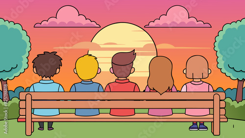 A group of friends sat on a park bench watching the sunset paint the sky in shades of pink and orange. They chatted and laughed enjoying the warm. Cartoon Vector.
