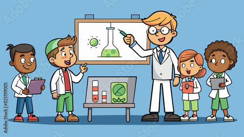A group of students in a science fair each showcasing their own project to a panel of judges. Each project is carefully designed and exeed with the. Cartoon Vector.