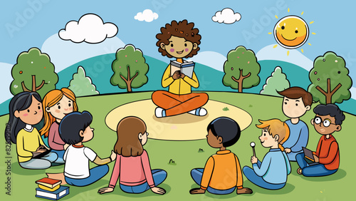 A group of students sitting in a circle outside with a teacher facilitating a discussion and encouraging critical thinking and problemsolving skills.. Cartoon Vector.