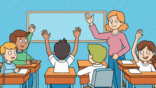 A group of students sitting at individual desks attentively listening to their teacher who is standing at the front of the room holding a whiteboard. Cartoon Vector.