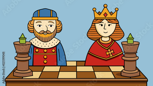 A handcrafted wooden chess set with meticulously carved pieces in the shapes of medieval knights and queens.. Cartoon Vector.