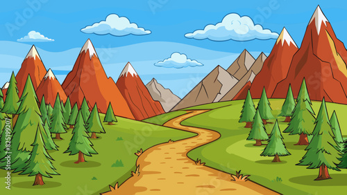A hiking trail surrounded by a range of towering mountains with varying levels of difficulty making it suitable for both beginner and experienced. Cartoon Vector.