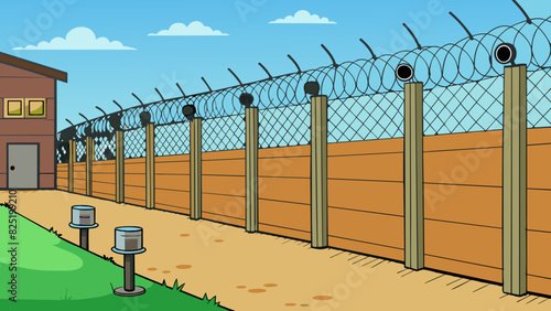 A high reinforced fence around a property with barbed wire and security cameras providing a physical barrier and surveillance against potential. Cartoon Vector.