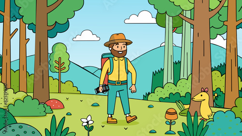 A hiker is walking through a forest taking in the sights and sounds around them. They are fully present in the moment noticing the details of the. Cartoon Vector.