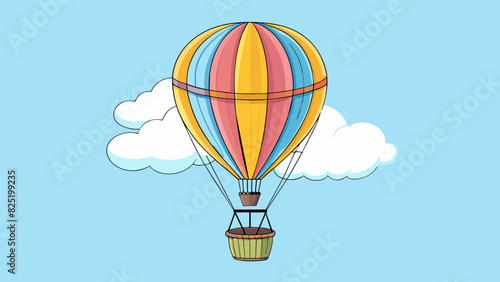 A hot air balloon floating high in the sky with its colorful billowing canopy and sy basket dangling below carried by the wind to new heights.. Cartoon Vector.