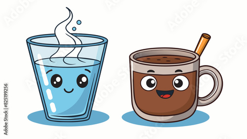 A hot cup of coffee and a cold glass of water Both are liquid and can be consumed but the coffee is dark and has a strong aroma while water is clear. Cartoon Vector.