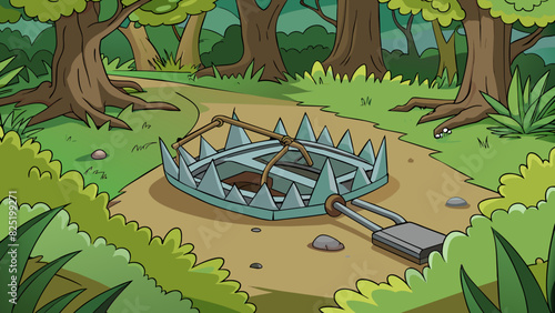 A hunters hidden in the forest its metal jaws ready to snap shut at the slightest hint of prey. Rust and moss cover the surface of the camouflaging it. Cartoon Vector.