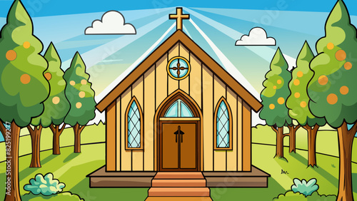 A humble wooden chapel stands surrounded by a peaceful garden. Inside sunlight streams through the stainedglass windows illuminating a simple altar. Cartoon Vector.
