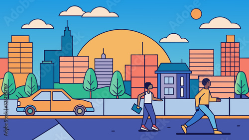 A hush falls upon the city streets as the early morning commuters make their way to work. The gentle hum of traffic can be heard in the distance. Cartoon Vector.