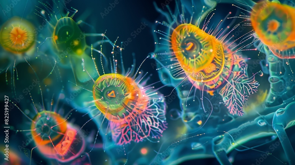 Fototapeta premium Close-up of plankton glowing in vivid colors under a high-powered microscope, revealing their unique structures