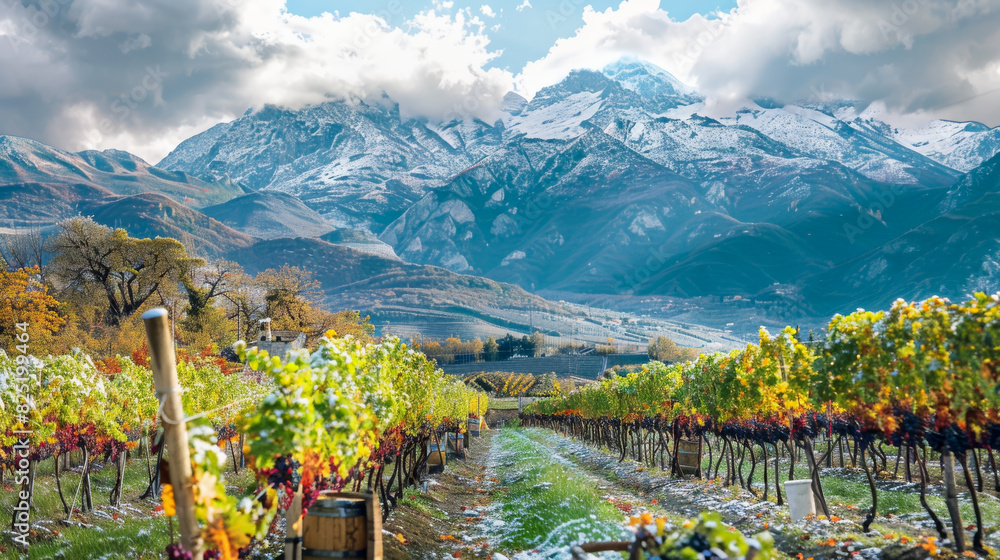 Naklejka premium Vineyards grape farm with grapevine and snow mountain background.