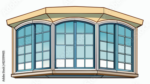 A large bay window with curved panes of glass and a thick white frame. It has a wide windowsill perfect for plants or decorative items. The glass is. Cartoon Vector.
