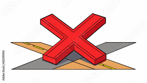 A large bolded red X painted on the ground intended to indicate a stopping point for vehicles or pedestrians. The lines are crisp and straight. Cartoon Vector.