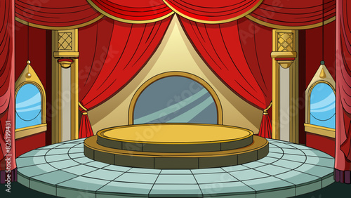 A large circular stage sat in the center of a dark dimly lit theater. A thick red velvet curtain hung behind it and ornate golden pillars adorned each. Cartoon Vector.
