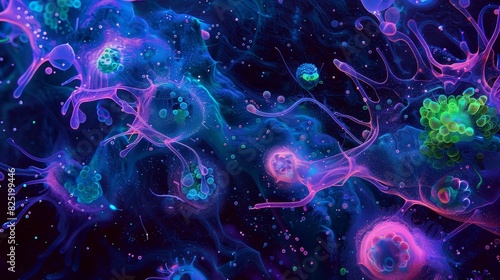 Close-up of plankton and algae swirling in a fluid environment under UV light, creating a vibrant marine ecosystem photo