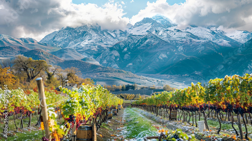 Vineyards grape farm with grapevine and snow mountain background.
