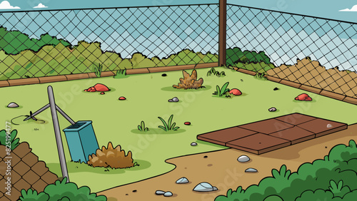 A large empty lot with overgrown weeds and debris tered about. A rusty chainlink fence surrounds the perimeter with a For Sale sign knocked over in. Cartoon Vector.