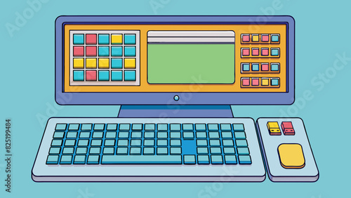 A large flat machine with a detachable keyboard and a tilting screen. The keyboard has a numeric keypad on the right and a touchpad in the center. The. Cartoon Vector.