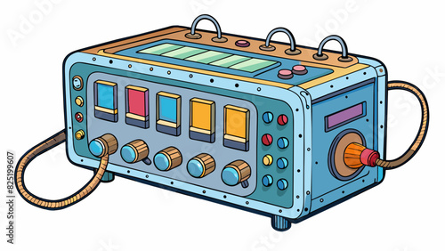 A large rectangular contion made of metal and wires with a series of buttons and s on the front. The top is covered in a screen that displays colorful. Cartoon Vector. photo