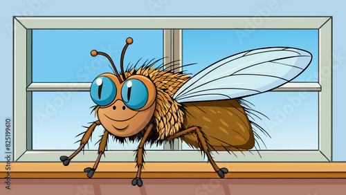 A large hairy fly resting on a window sill its wings folded neatly over its back.. Cartoon Vector.