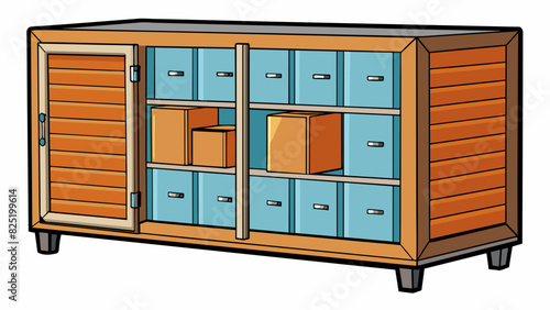 A large rectangular structure made of wood and metal. It has multiple shelves and drawers and can be od and closed like a door.. Cartoon Vector.