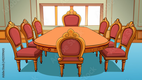 A large wooden dining table is set in a bright and airy kitchen. The table is made of a rich dark wood and has ornate carvings along the edges. There. Cartoon Vector.