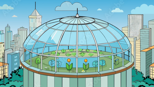 A large round greenhouse sits atop a skyscr utilizing advanced technology to grow a variety of crops yearround no matter the weather outside.. Cartoon Vector.