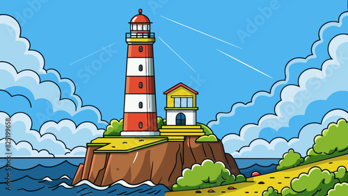 A lighthouse standing tall on a rocky cliff signifies authority guiding ships and offering protection in the midst of a storm.. Cartoon Vector.