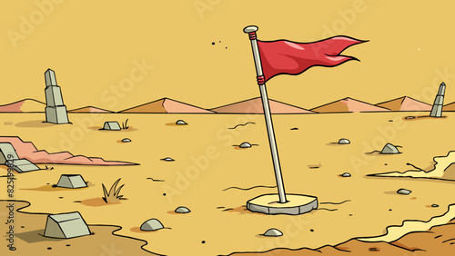 A lone flagpole standing in the midst of a desolate landscape its once proud banner now tattered and torn.. Cartoon Vector.