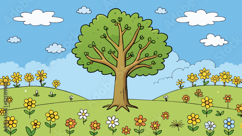 A lone oak tree standing tall amidst a field of wilting flowers symbolizing the strength and resilience of belief in oneself.. Cartoon Vector.