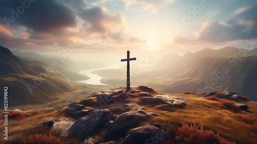 there is a cross on a hill with a lake in the background
