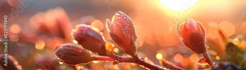 New beginnings in nature, tender plants dewkissed and glowing in the serene light of dawn